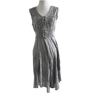 Womens S Gray  Dress Embroidered Lace Up Front Asymmetrical Hem Boho Cottagecore